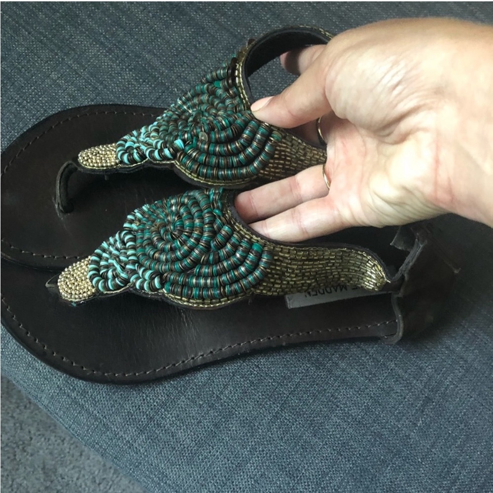 ✨STEVE MADDEN Pharaoh Greens and Blues Beaded and Brown Leather Sandals 8 1/2